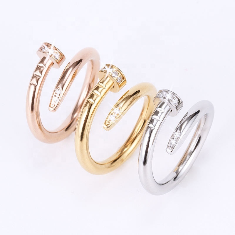 High Quality Luxury Designer Jewelry Nail Ring Set with Diamond CZ 18k Gold Plated Stainless Steel Ring