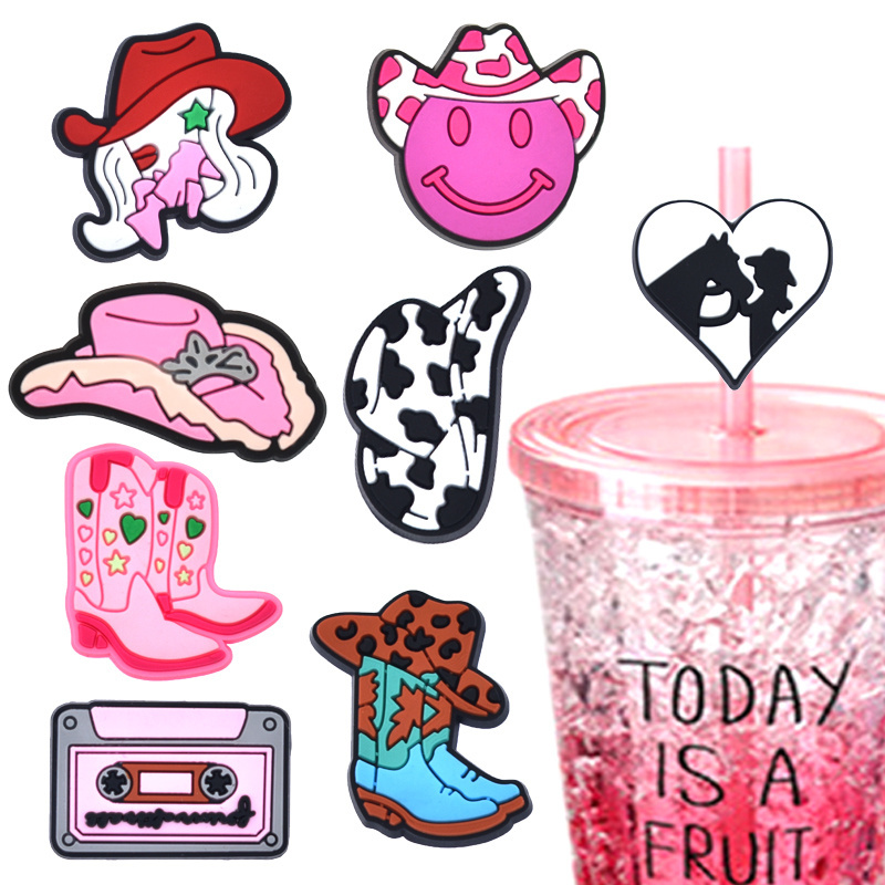 Wholesale cowgirl straw toppers Charms cowboy cowgirls hat boot silicone straw toppers for drinking straws charms