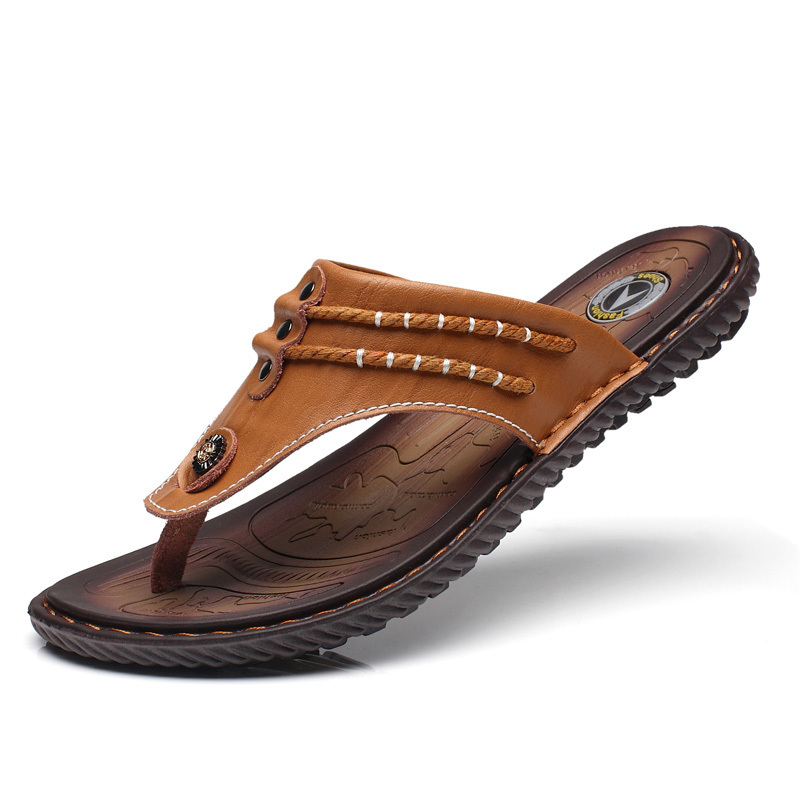 2020 Summer Men Leather Arabic Flip-Flops Brown Fashion Light Weight Suture Non-Slip Rubber Sole Persone Flip-Flop Slipper Slide