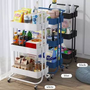 Kitchen Bathroom Metal Hand Push Utility Trolley Cart 3 Tier Shelf Rolling Storage Organizer Plastic Tray Rack Cart with Wheels