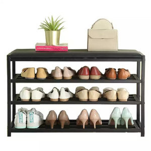 Customized Modern Metal Frame Industrial Vintage 3-tier PU Leather Shelf Storage Organizer shoe rack Bench with Seat