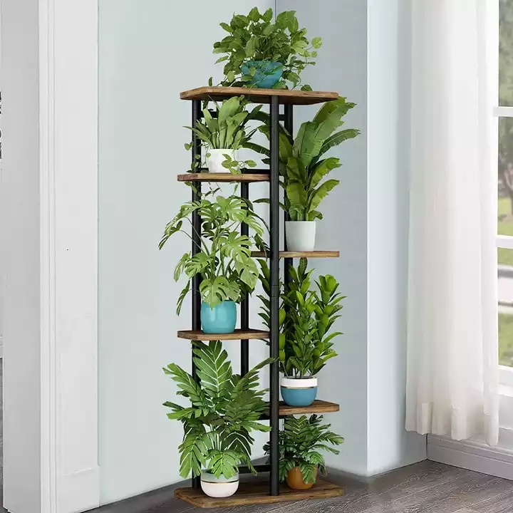 4 Layers Modern metal Flower Display Stand Flower Pot holder Shelf Rack Wood Plant Stand for indoor