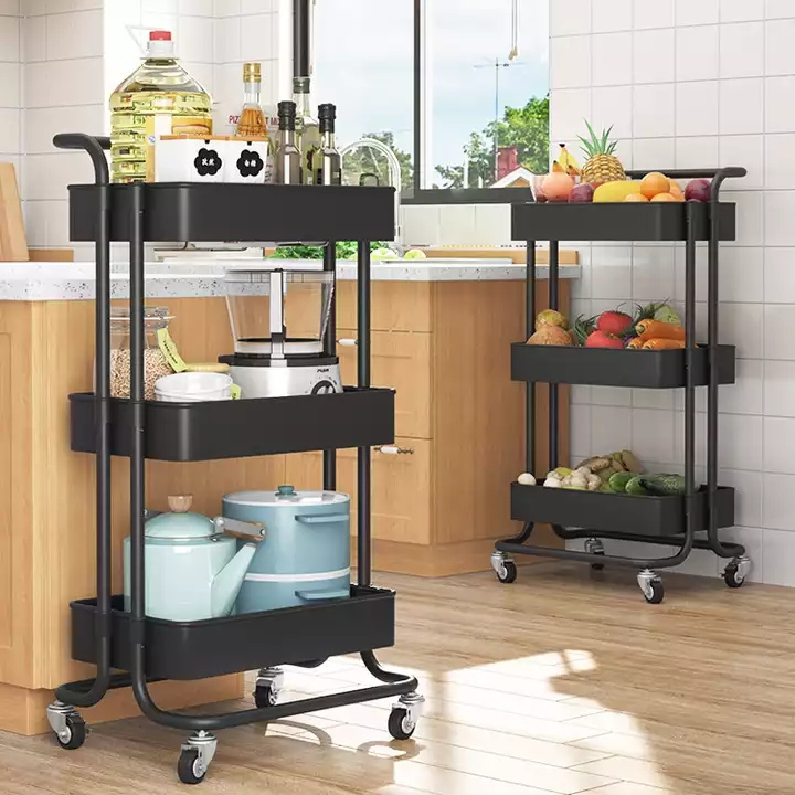 Kitchen Bathroom Metal Hand Push Utility Trolley Cart 3 Tier Shelf Rolling Storage Organizer Plastic Tray Rack Cart with Wheels