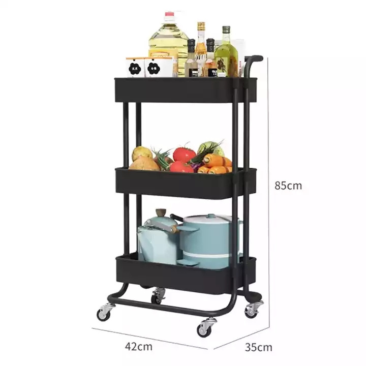 Kitchen Bathroom Metal Hand Push Utility Trolley Cart 3 Tier Shelf Rolling Storage Organizer Plastic Tray Rack Cart with Wheels