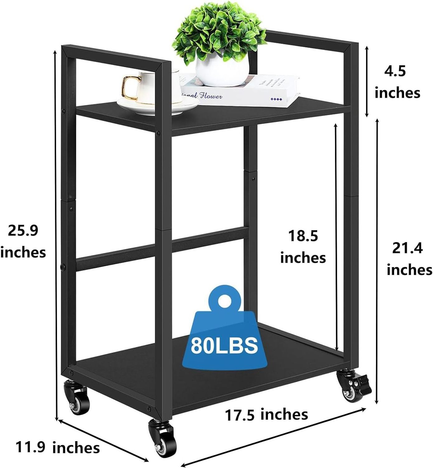 2 Tier Computer Tower Stand Black CPU Holder Stand Cart with Rolling Caster Wheels