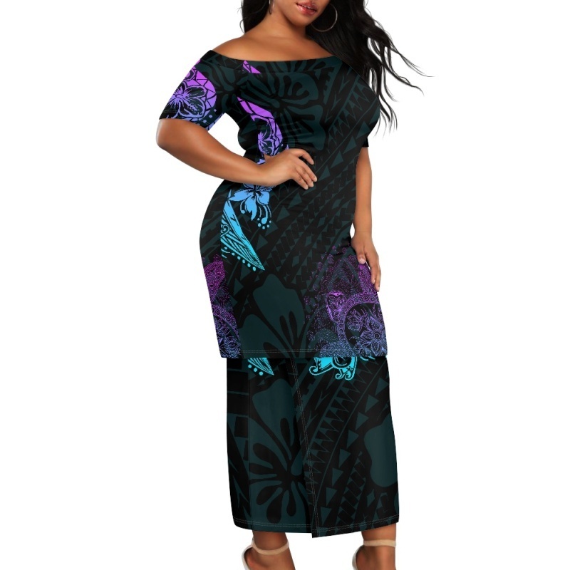 Wholesale Island Two Piece Set Customized Logo Off Shoulder Puletasi Dresses Women Traditional Church Elegant Polynesian Dress