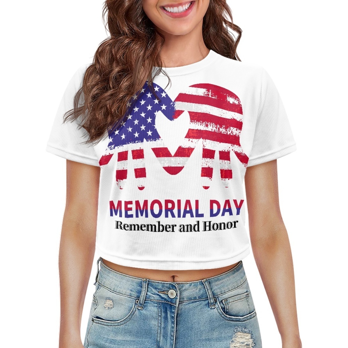 Women's Loose Polyester Quick-drying Crew Neck T-shirt Custom Memorial Day America Flag Pattern Shirts Summer Short Crop Tops