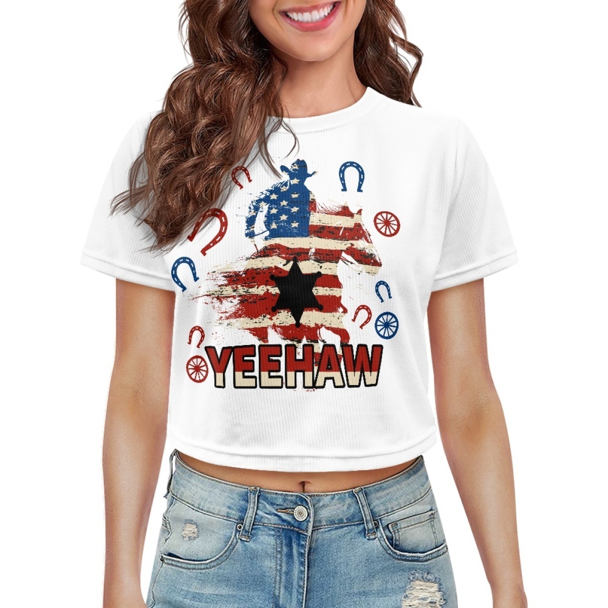 Women's Loose Polyester Quick-drying Crew Neck T-shirt Custom Memorial Day America Flag Pattern Shirts Summer Short Crop Tops