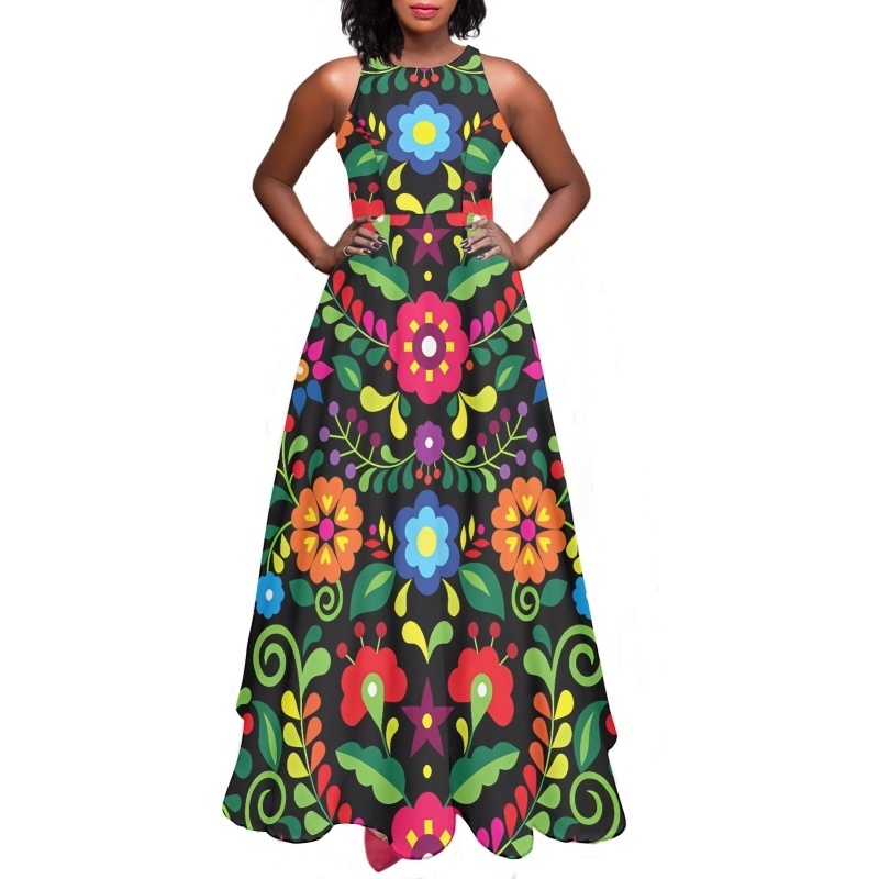 Plus Size Mexico Women's Dresses Cheap Wholesale Mexican Flower Sleeveless Beach Maxi Dress Summer Floral Custom Print Clothing