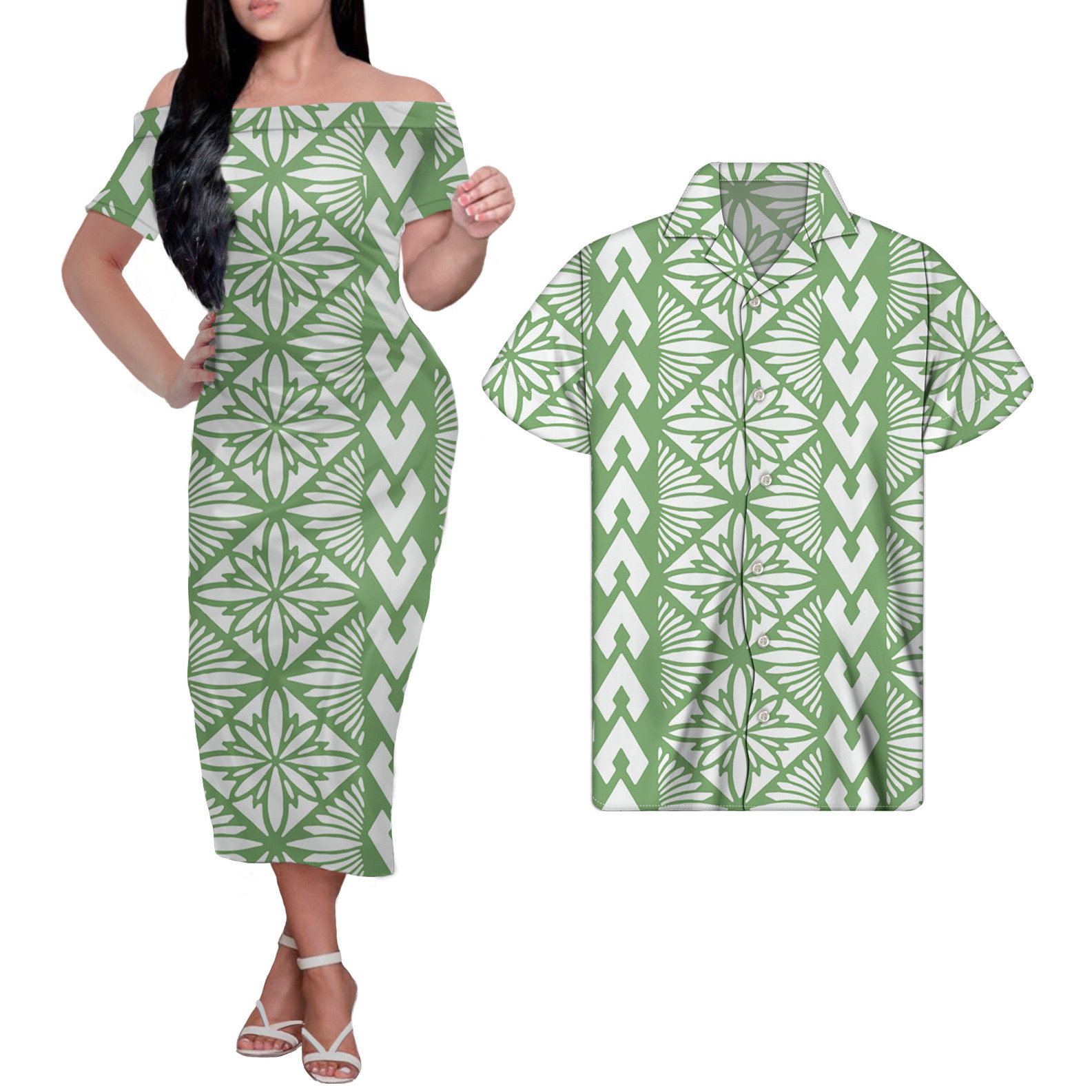 Wholesale Custom Polynesian Tribal Elegant Dresses Matching Men Shirt Polyester Dress For Women Plus Size Summer Dress Clothing