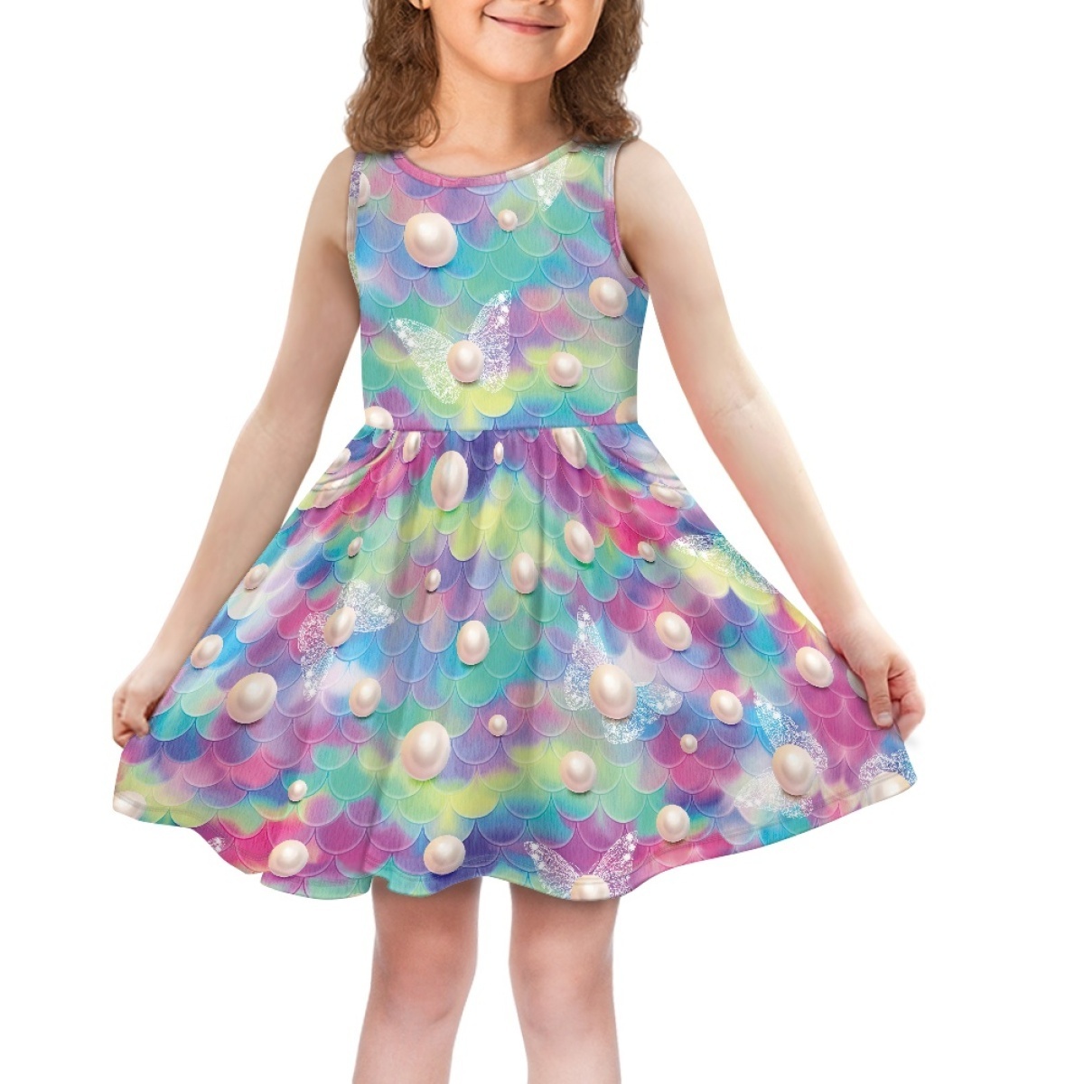 Tie Dye Print Girls Dress Custom Pearl Elastic Toddler Girls Dresses Shiny Butterfly Sublimation Short Sleeve T-Shirt Sundress