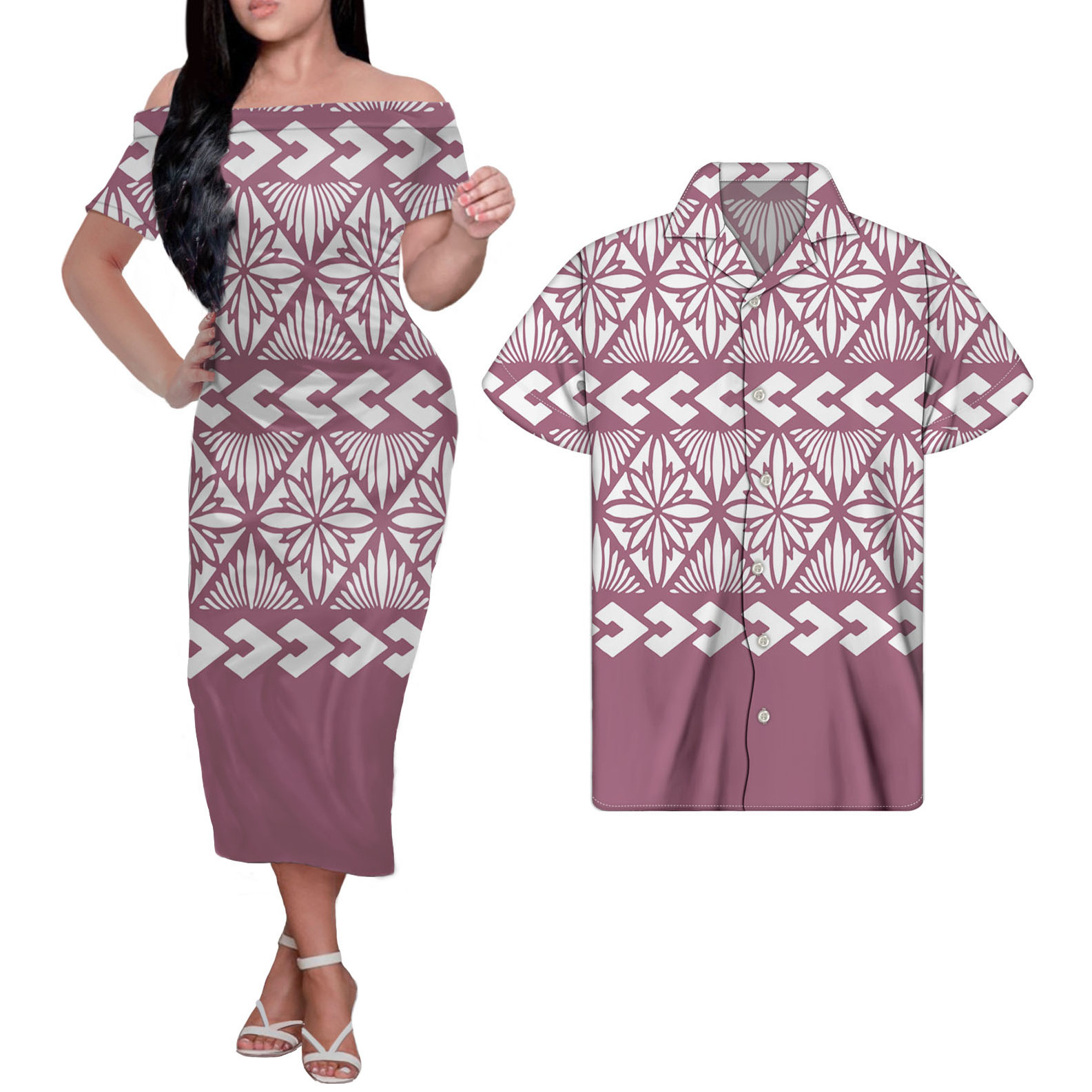 Wholesale Custom Polynesian Tribal Elegant Dresses Matching Men Shirt Polyester Dress For Women Plus Size Summer Dress Clothing