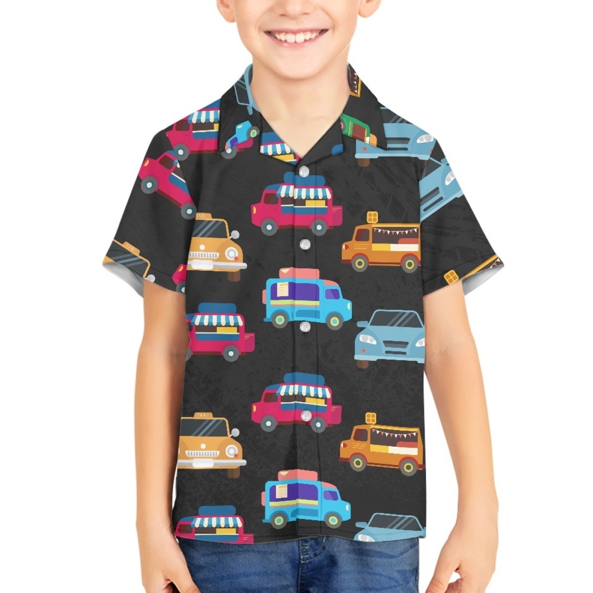 Children Clothes Custom Toys Cars Design Wholesale Polyester Fashion Beach Hawaiian Button Up Shirts Kids Aloha Short Sleeve Top