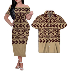 Wholesale Custom Polynesian Tribal Elegant Dresses Matching Men Shirt Polyester Dress For Women Plus Size Summer Dress Clothing