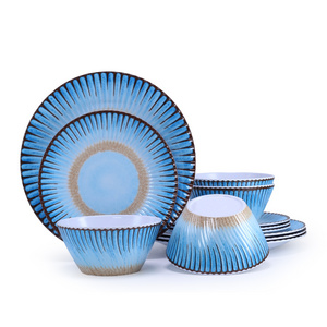 Luxury Tableware Set 12 pcs Round Shape with Blue Wave Decal Porcelain Liked Cheap  Plastic Dinnerware Set