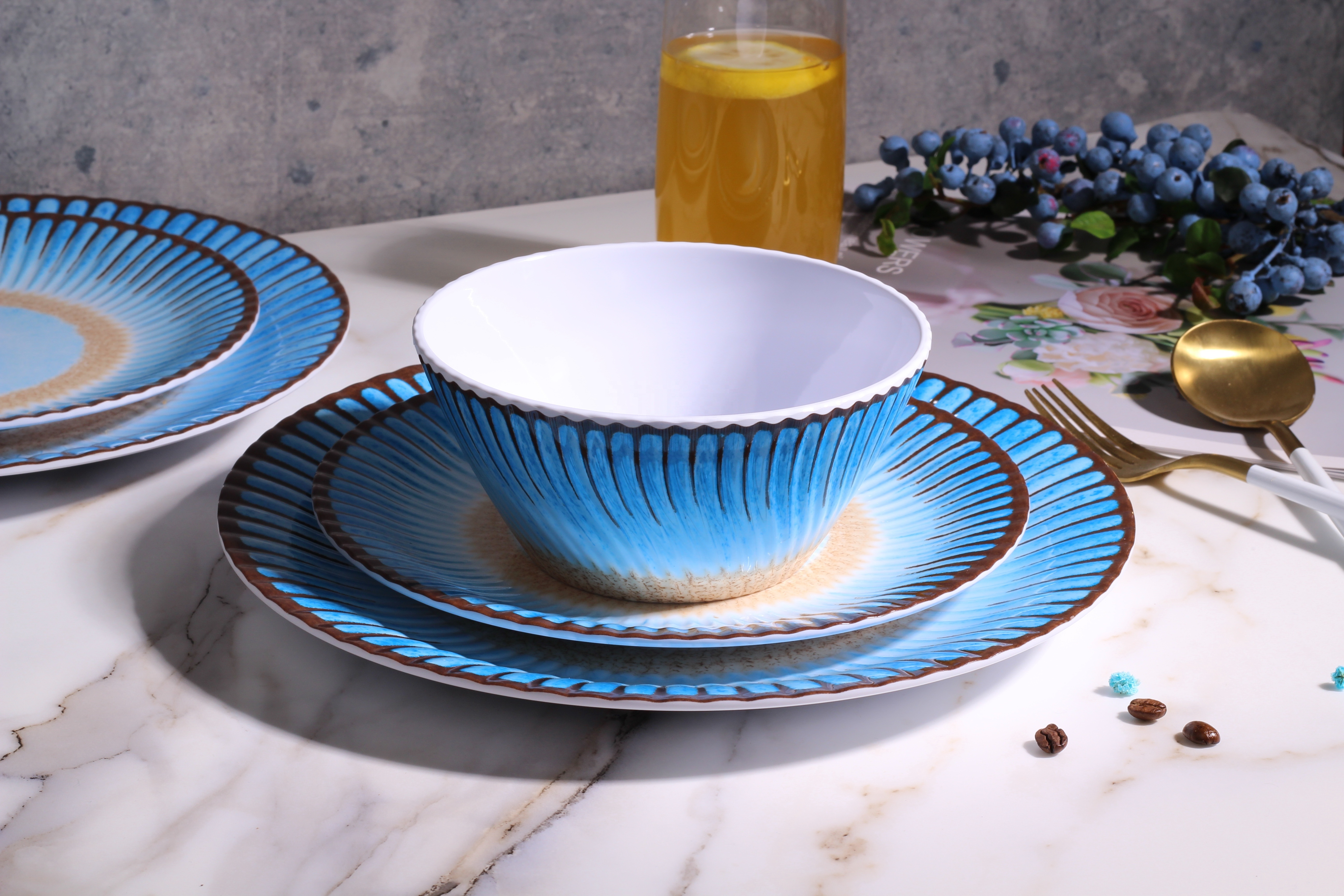 Luxury Tableware Set 12 pcs Round Shape with Blue Wave Decal Porcelain Liked Cheap  Plastic Dinnerware Set