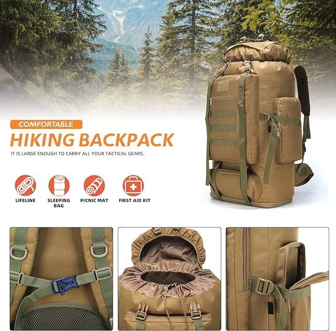 Hiking Camping Backpack MOLLE Rucksack Waterproof Daypack for Traveling, Khaki, Medium, 80-100L Hiking Backpack