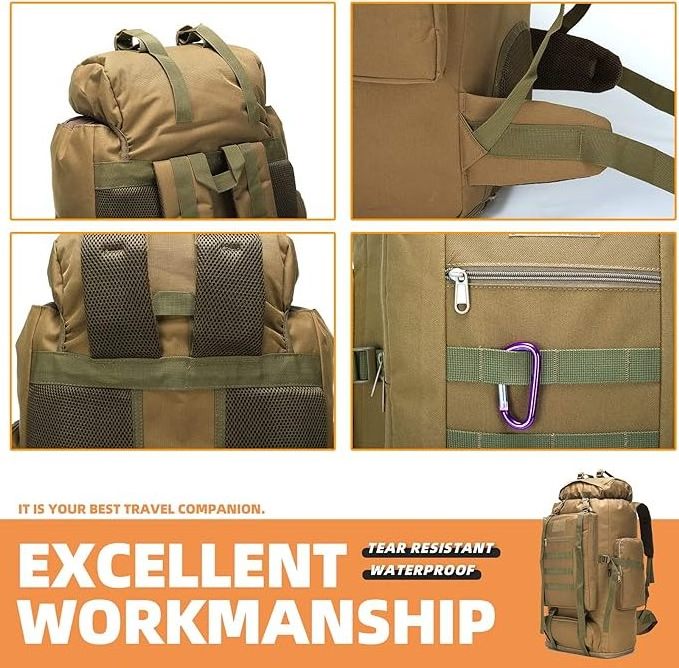 Hiking Camping Backpack MOLLE Rucksack Waterproof Daypack for Traveling, Khaki, Medium, 80-100L Hiking Backpack