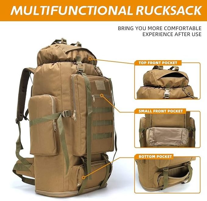 Hiking Camping Backpack MOLLE Rucksack Waterproof Daypack for Traveling, Khaki, Medium, 80-100L Hiking Backpack