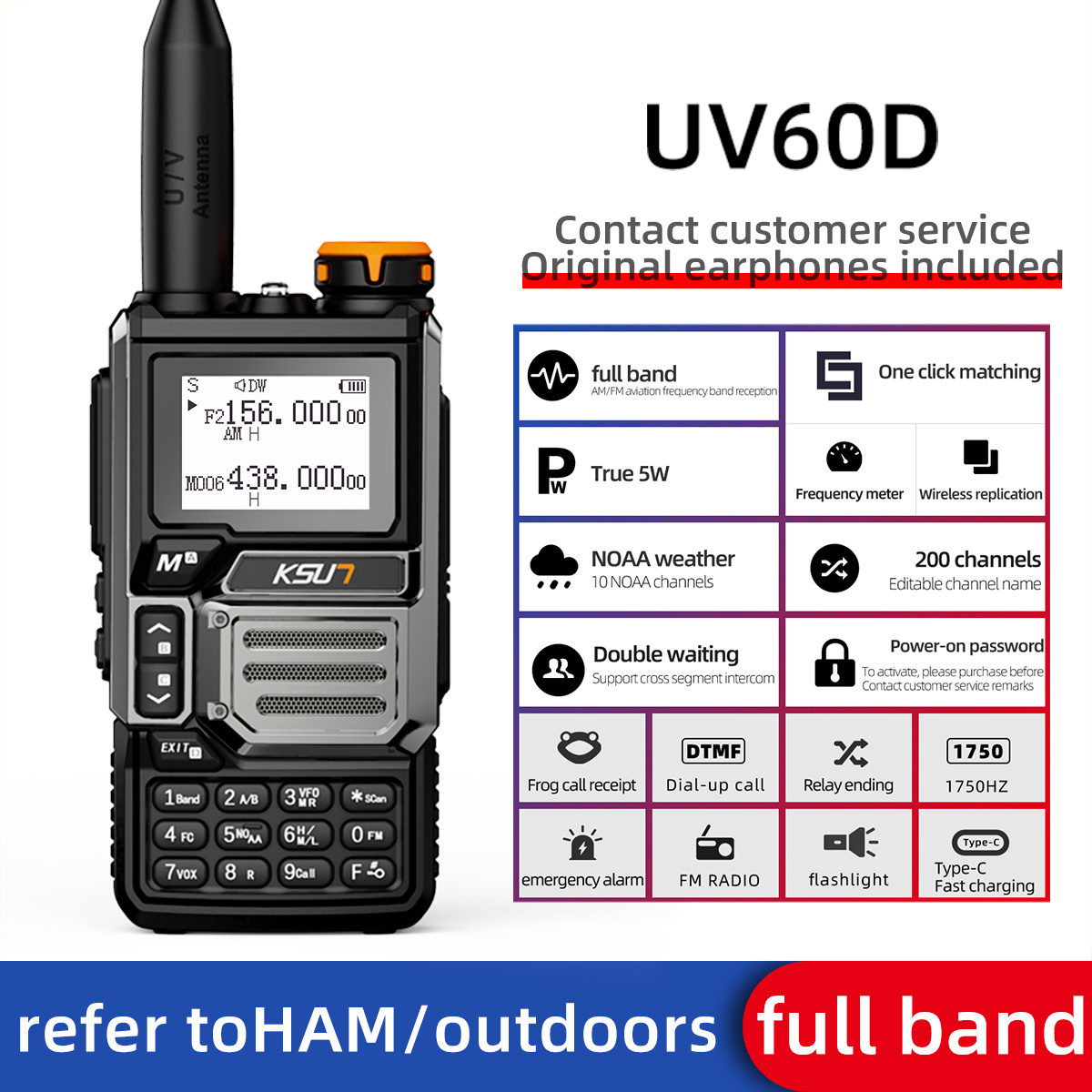 KSUN UV60D Wireless Intercom Walkie-Talkie Long Range HAM Portable Air Band VHF UHF Dual Band Radio FCC GMRS Walkie Talkie