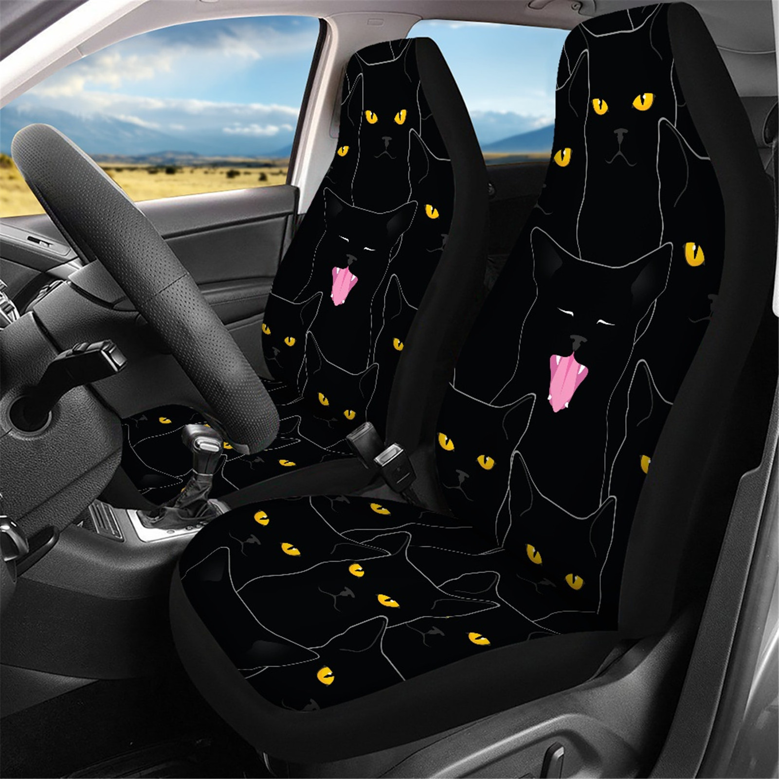 Black Cat Yellow Eyes Print Car Seat Cover Full Set Fashion Automotive Cars Seats Protectors OEM Interior Protection Accessories