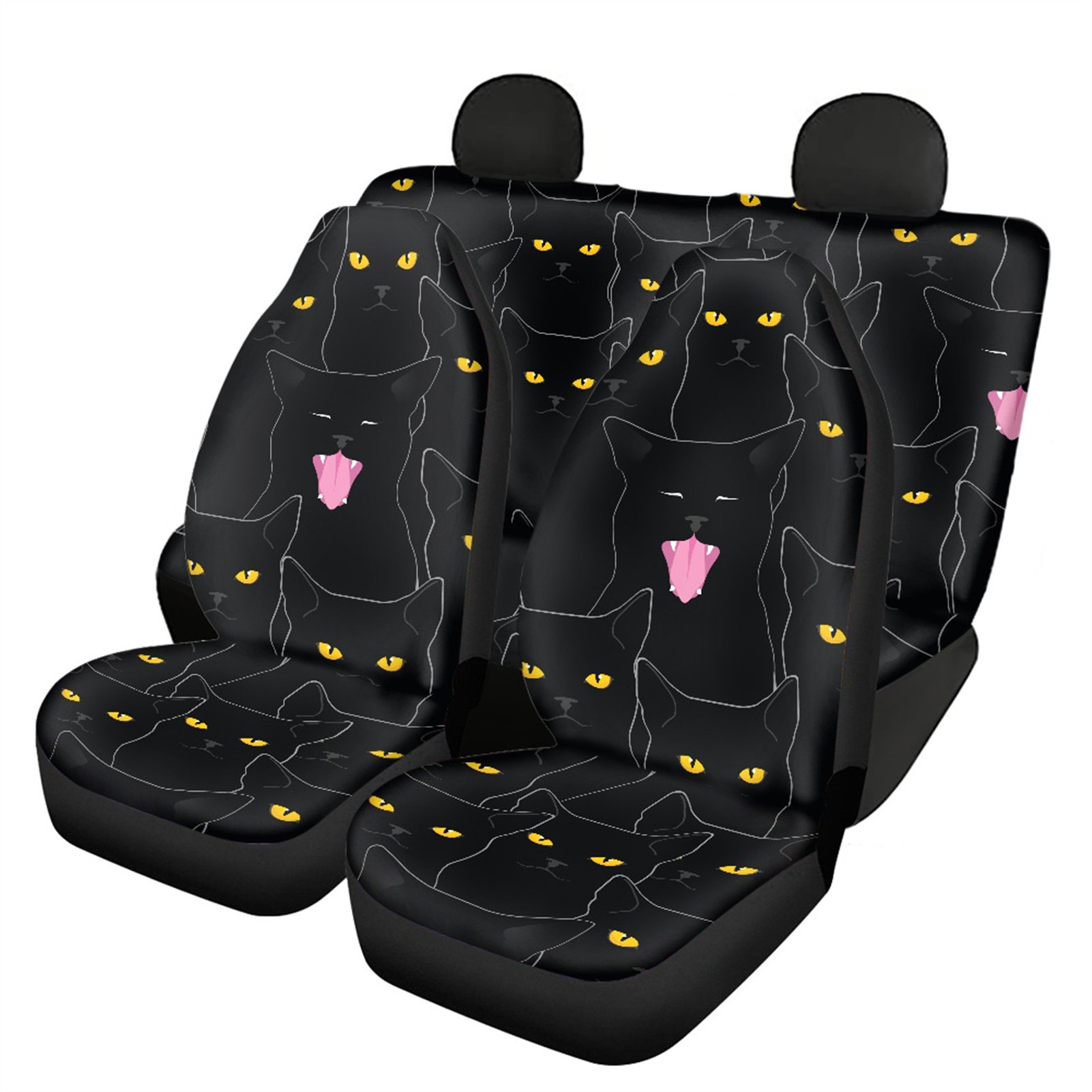 Black Cat Yellow Eyes Print Car Seat Cover Full Set Fashion Automotive Cars Seats Protectors OEM Interior Protection Accessories