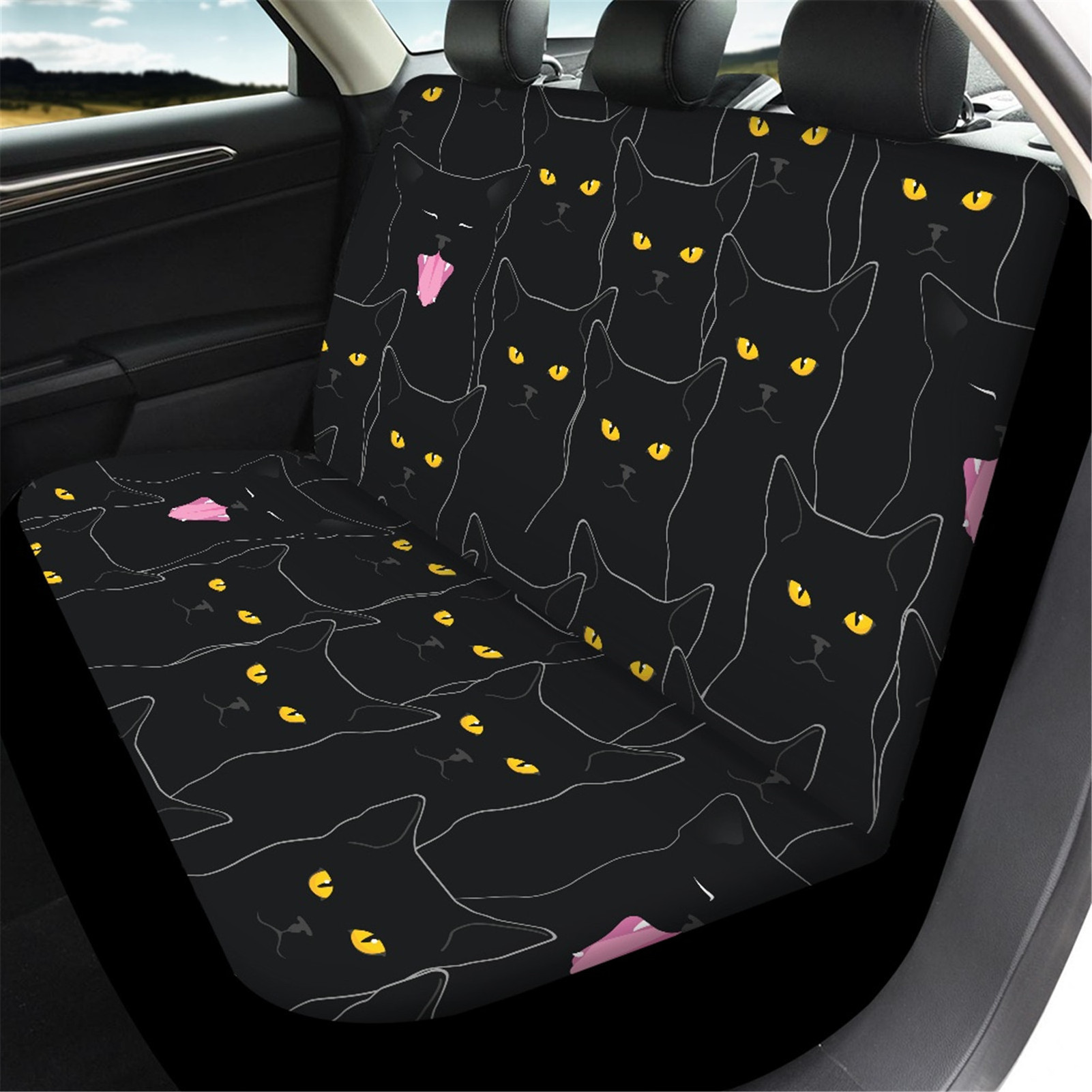 Black Cat Yellow Eyes Print Car Seat Cover Full Set Fashion Automotive Cars Seats Protectors OEM Interior Protection Accessories