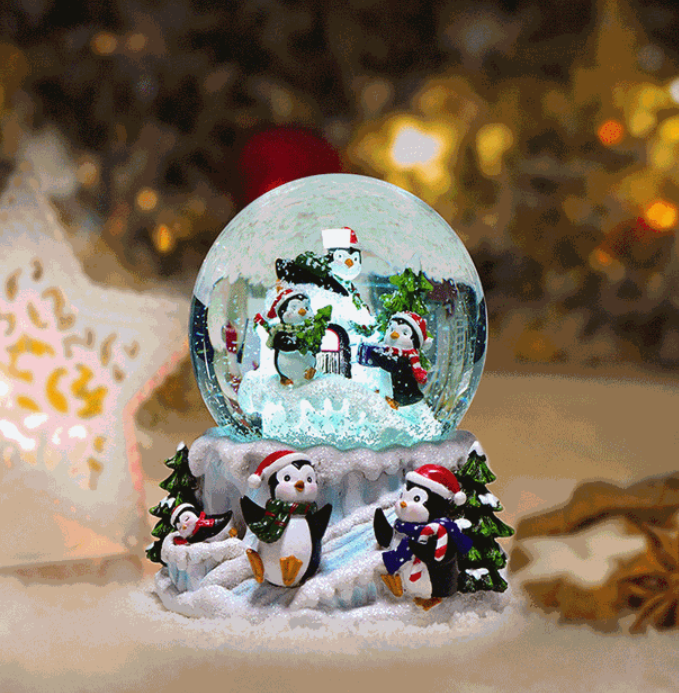 Custom Made Resin Christmas Crystal Snowballs Penguin Snow Globe With Music Light Glass Snowglobe