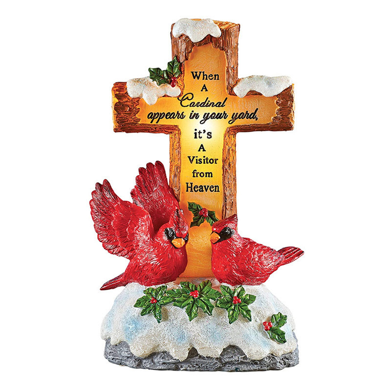 Wholesale Grave Decorations Solar Memorial Statue Cardinal Visitor from Heaven Cross Bird Decoration