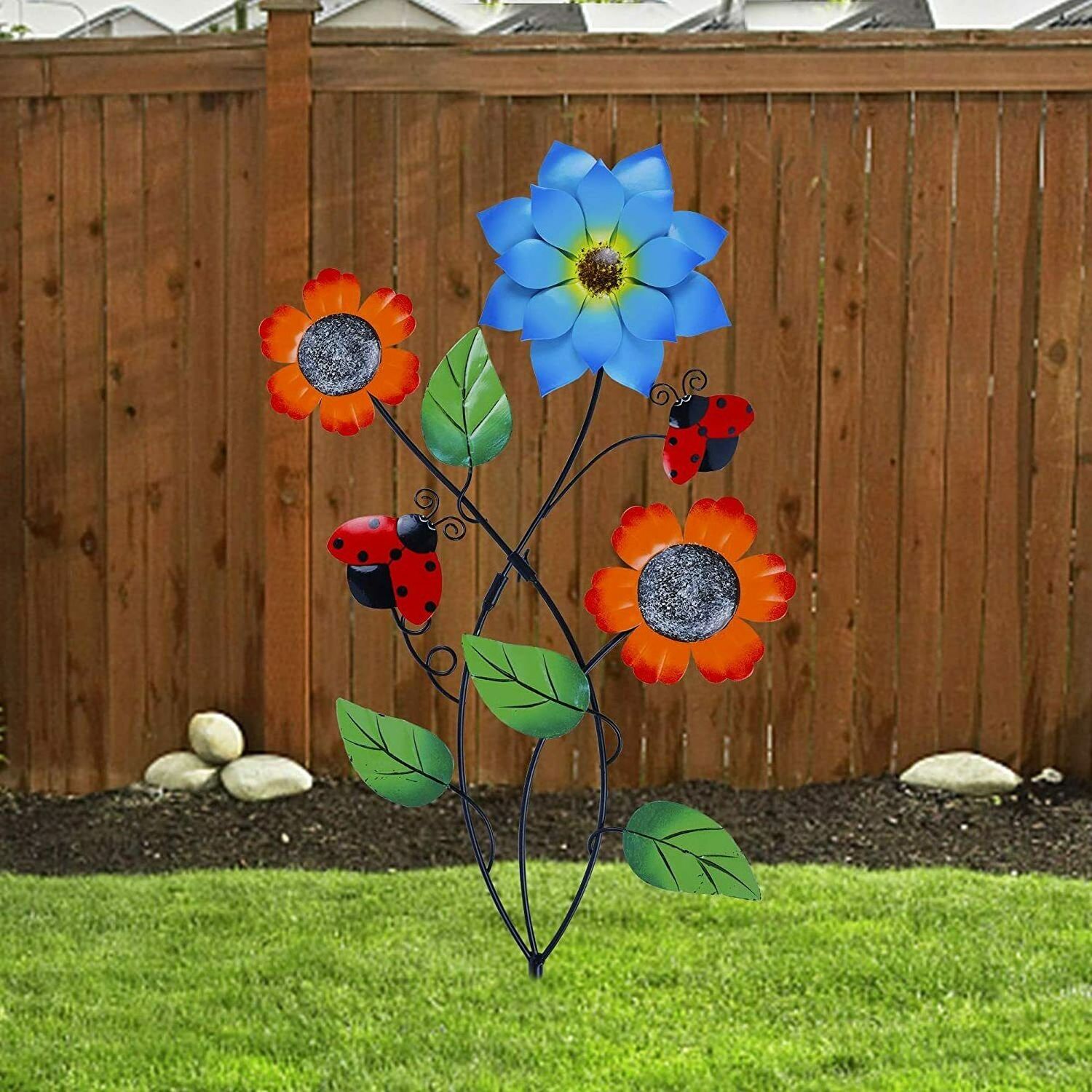 Metal Garden Stake Decor Metal Flower With Ladybug and Leaves Iron Garden Stakes