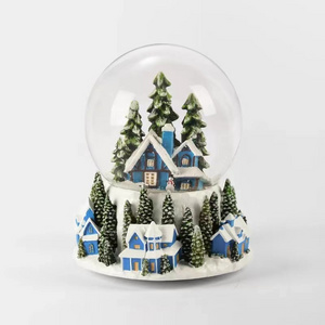 OEM Handmade Poly Water Globe Blue House Electric Christmas Snow Globe 100mm Decorative Snowballs