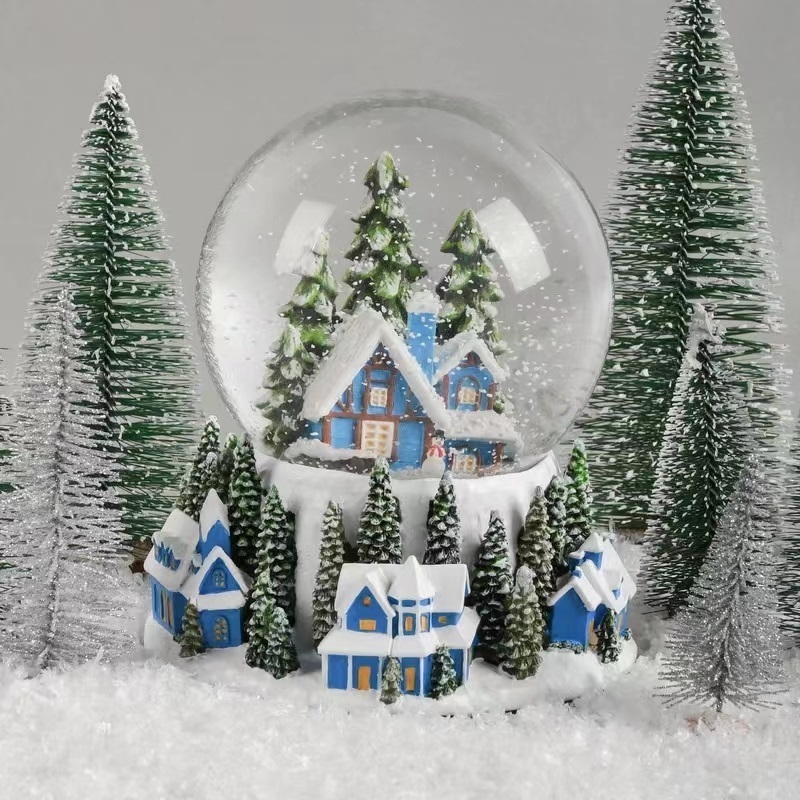 OEM Handmade Poly Water Globe Blue House Electric Christmas Snow Globe 100mm Decorative Snowballs