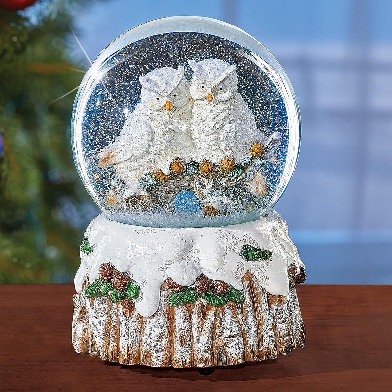 Manufacture Handmade Tabletop Resin Water Globe With Let It Snow Musical Christmas Owl Snow Globe