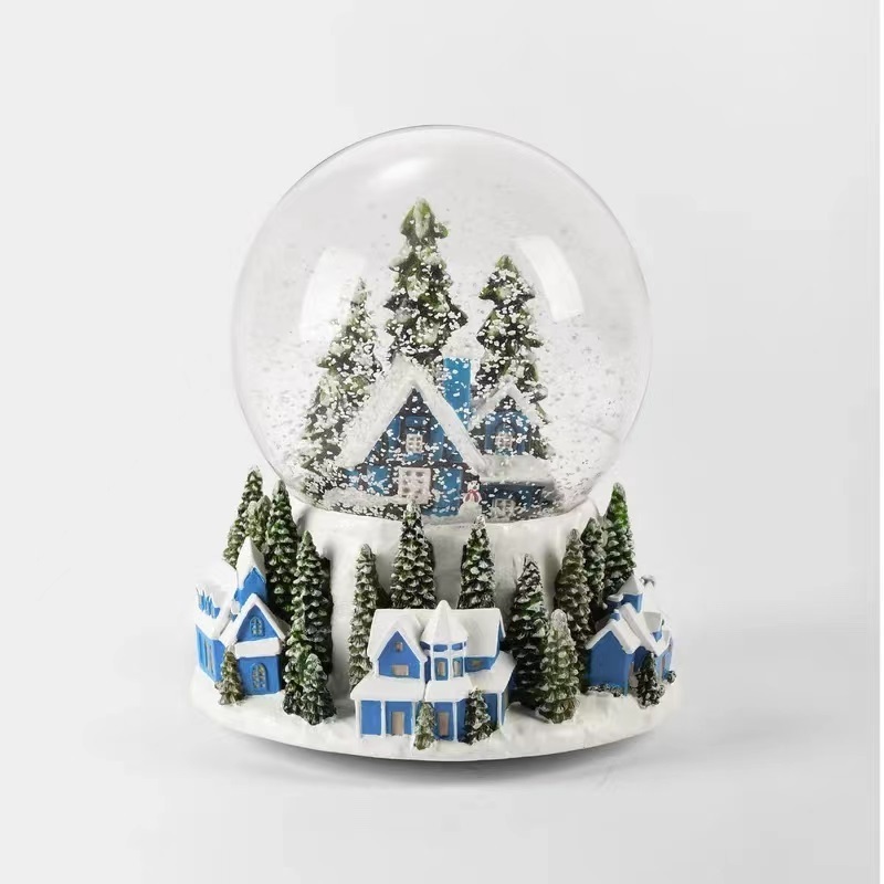 OEM Handmade Poly Water Globe Blue House Electric Christmas Snow Globe 100mm Decorative Snowballs