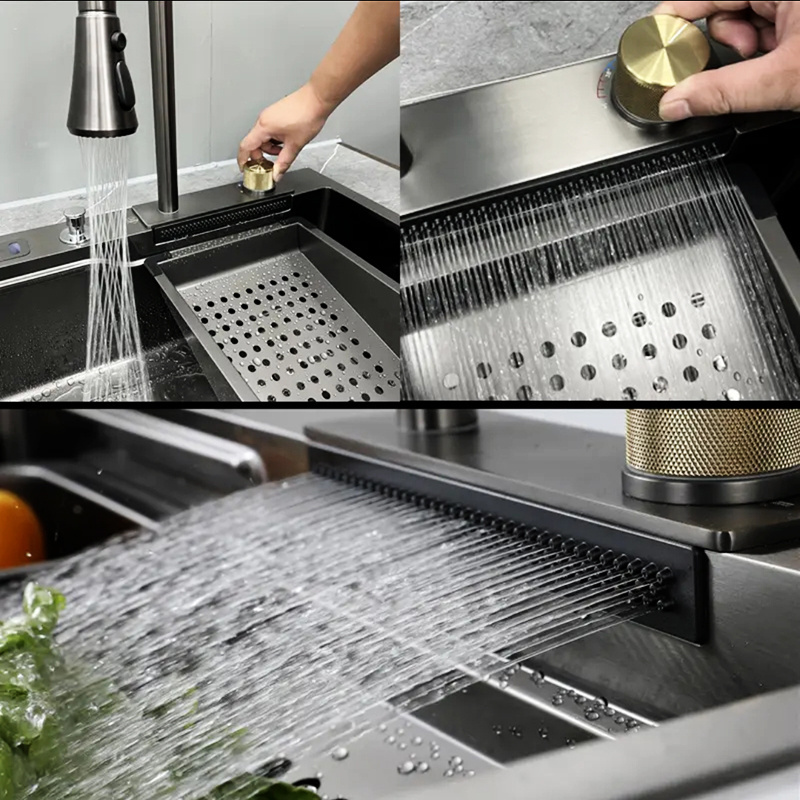 Popular Metal Gun gray 304 Stainless Steel Handmade Kitchen Sink Sets with Flying Rainfall Waterfall Faucet