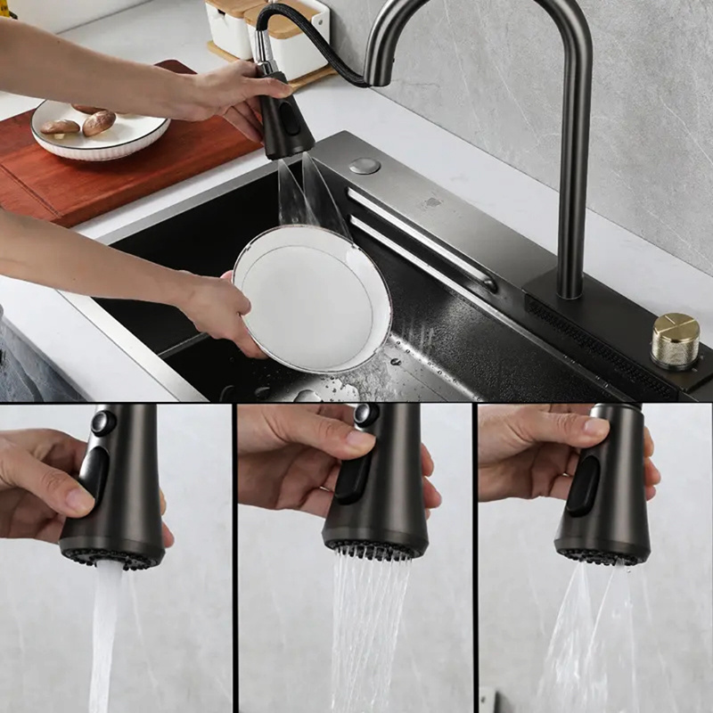 Popular Metal Gun gray 304 Stainless Steel Handmade Kitchen Sink Sets with Flying Rainfall Waterfall Faucet