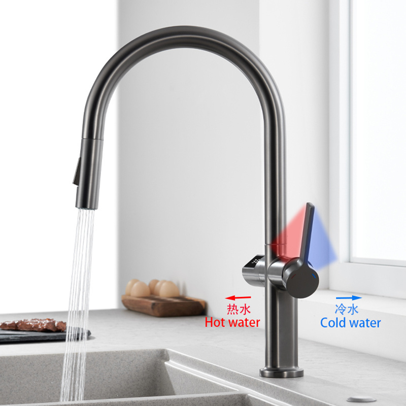 New Products Brass Temperature digital display kitchen sink Tap hot and cold pull-out Induction kitchen faucet