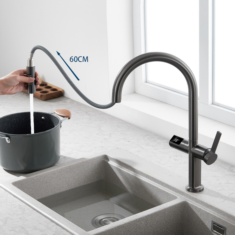 New Products Brass Temperature digital display kitchen sink Tap hot and cold pull-out Induction kitchen faucet