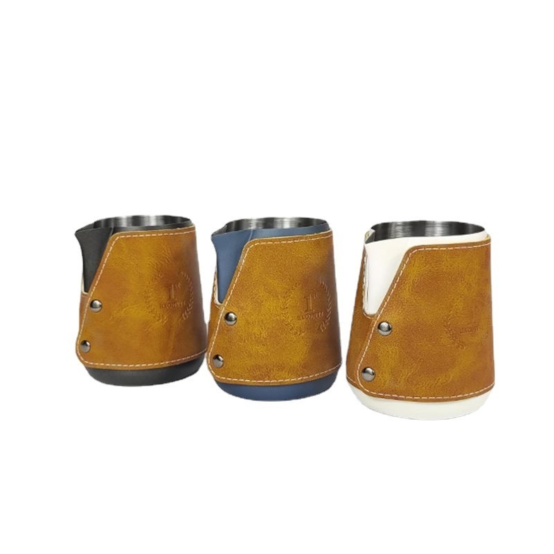 Customize new arrival  stainless steel thickened milk pitcher  milk cup without handle with leather holder