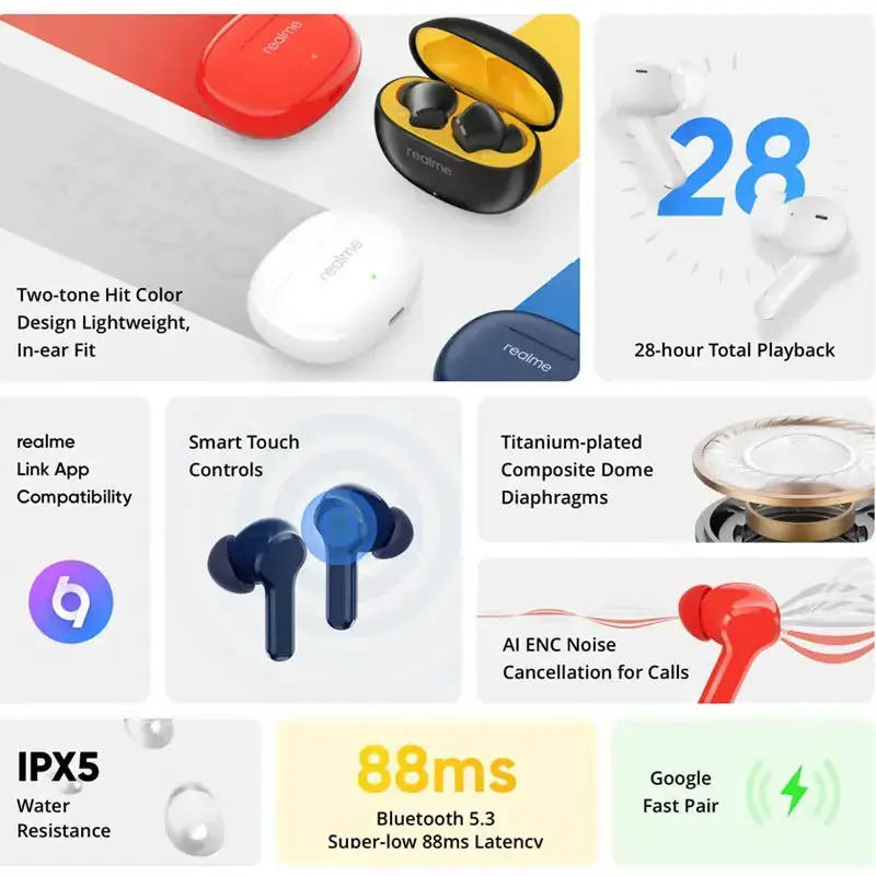 Realme buds T100 5.3 Wireless Earphone AL ENC Noise Cancelling for Calls 400mAh Battery Earbuds IPX5 Water Resistant bule