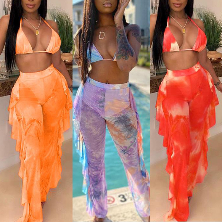 Wholesale 3 Pcs Swimwear Tie Dye Beautiful Swimsuits Bikini String Transparent and Bathing Suit Cover Up Pants