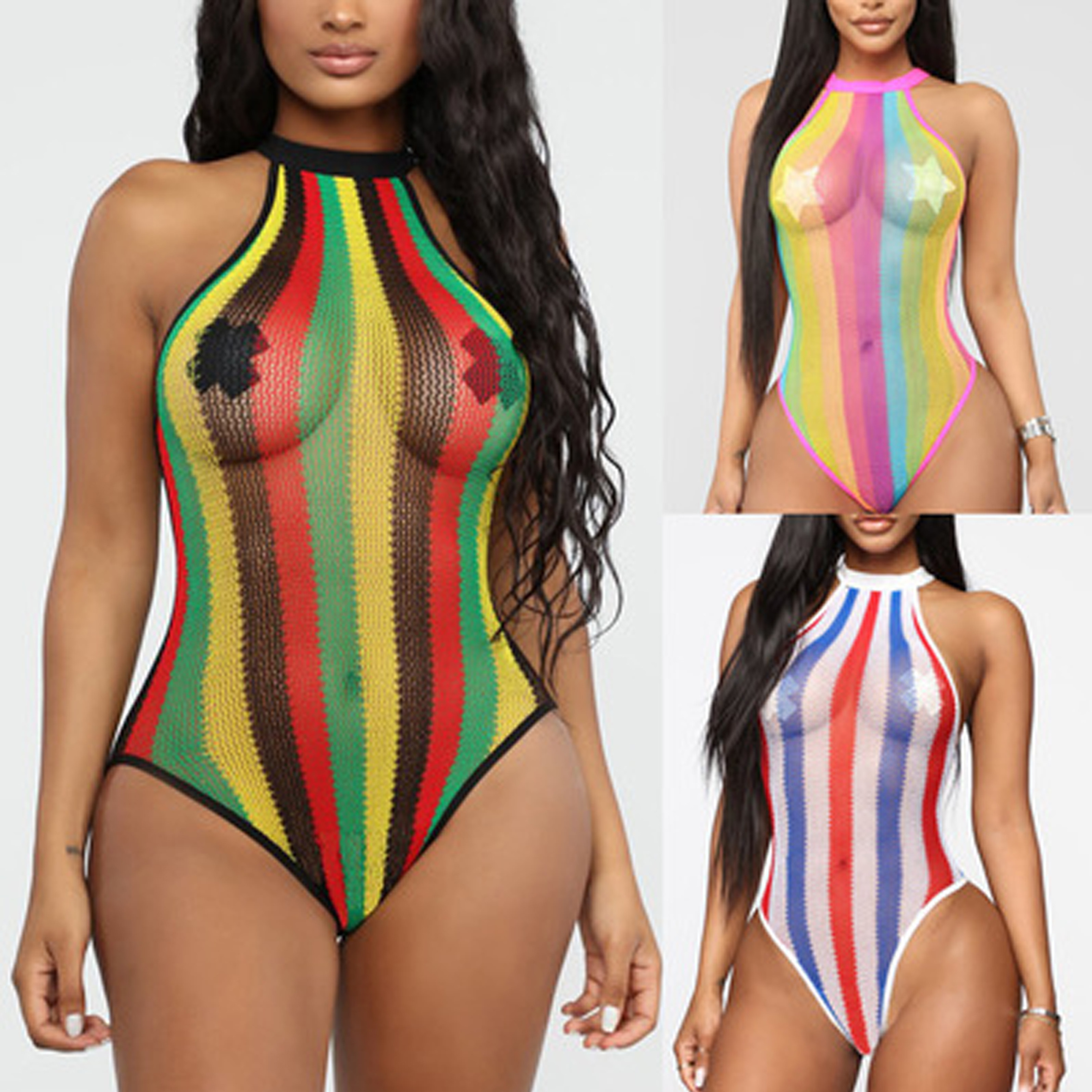 Sexy One Piece  Rasta Colourful Striped Thong Bikini Swimsuit Mini Transparent Bikini