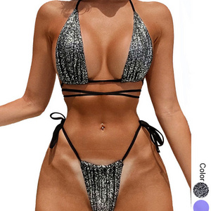 Lace Up Triangle Thong Swimsuit Micro Biquini Sexy Hot Plus Size Summer Bathing Suit Brazilian Glitter Bikini Women