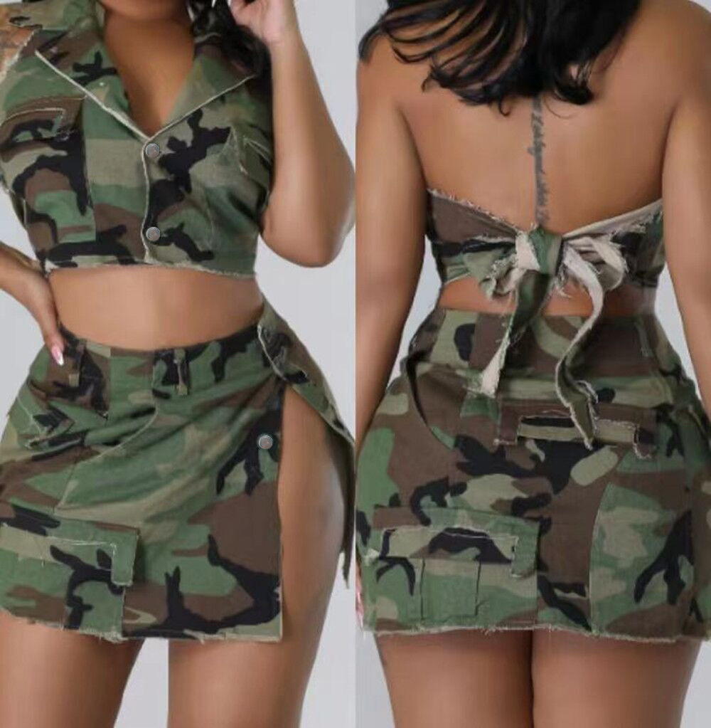 Trendy Women's Cami Skirt Sets Summer Camouflage Crop Top And Mini Skirts Cargo Two Piece Skirt Sets Women Clothing Summer