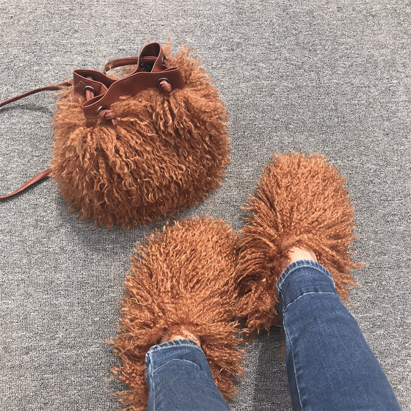 Custom Handbag Set  Mongolian Fur Slippers Fluffy Fuzzy Faux Mongolian Goat Hair Fur Slides Slippers For Women Handbag Sets