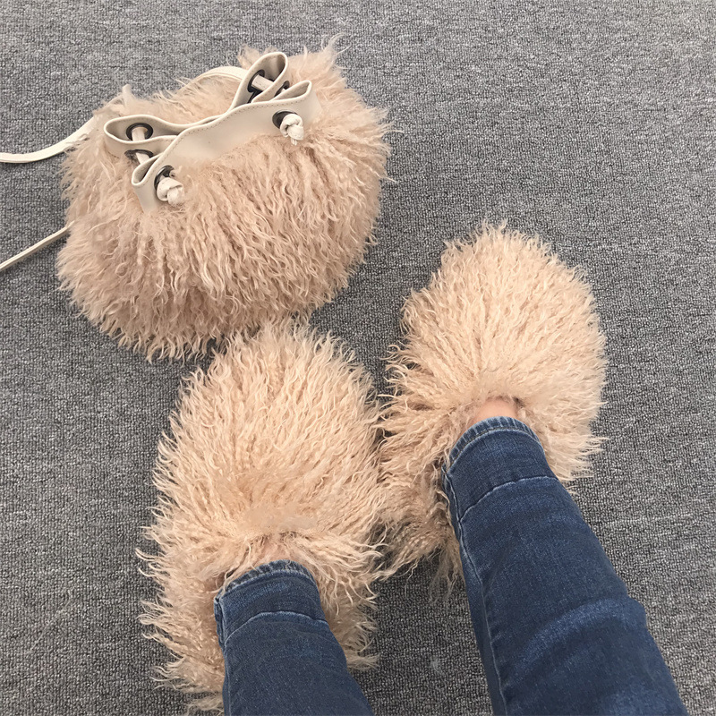 Custom Handbag Set  Mongolian Fur Slippers Fluffy Fuzzy Faux Mongolian Goat Hair Fur Slides Slippers For Women Handbag Sets