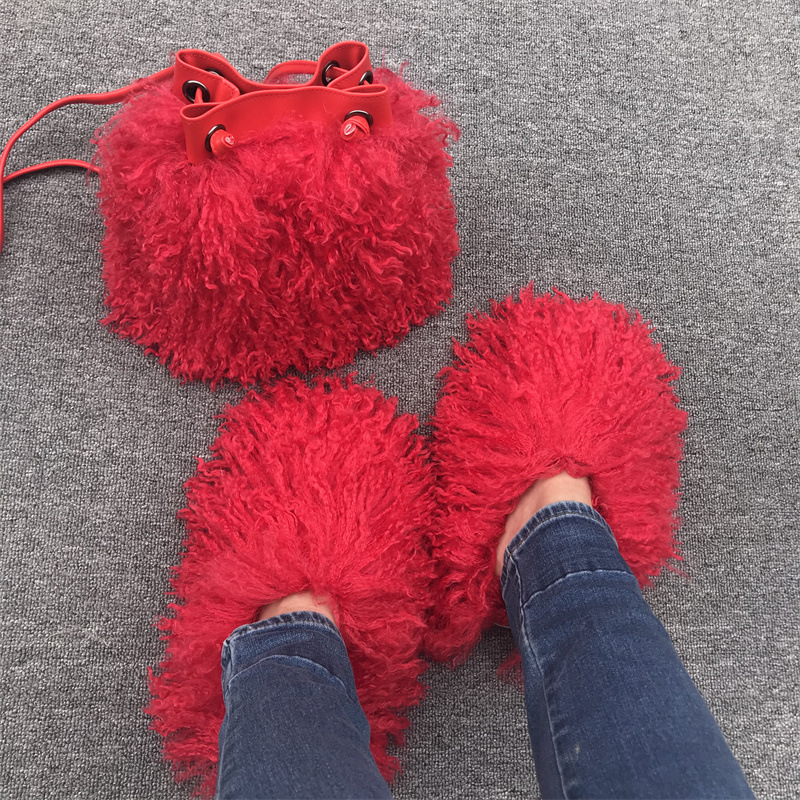 Custom Handbag Set  Mongolian Fur Slippers Fluffy Fuzzy Faux Mongolian Goat Hair Fur Slides Slippers For Women Handbag Sets