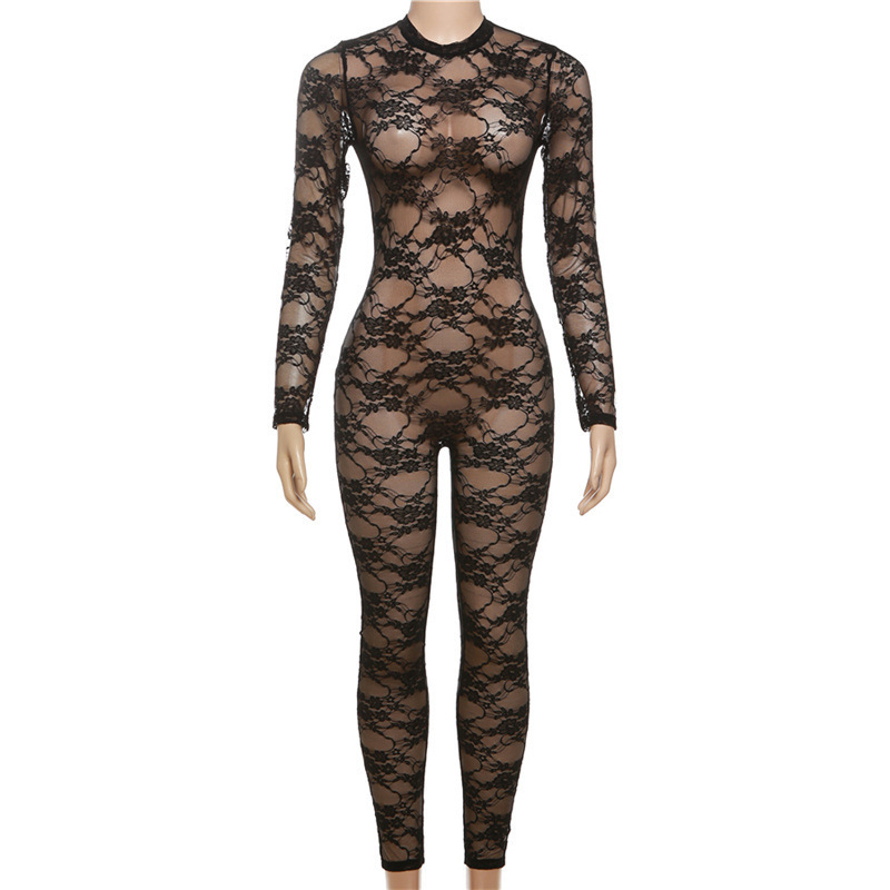 Molika High Quality Women Bodysuits Lace See Through Slim Fit Zipper Playsuits Sexy One Piece Rompers Women Mesh Jumpsuits