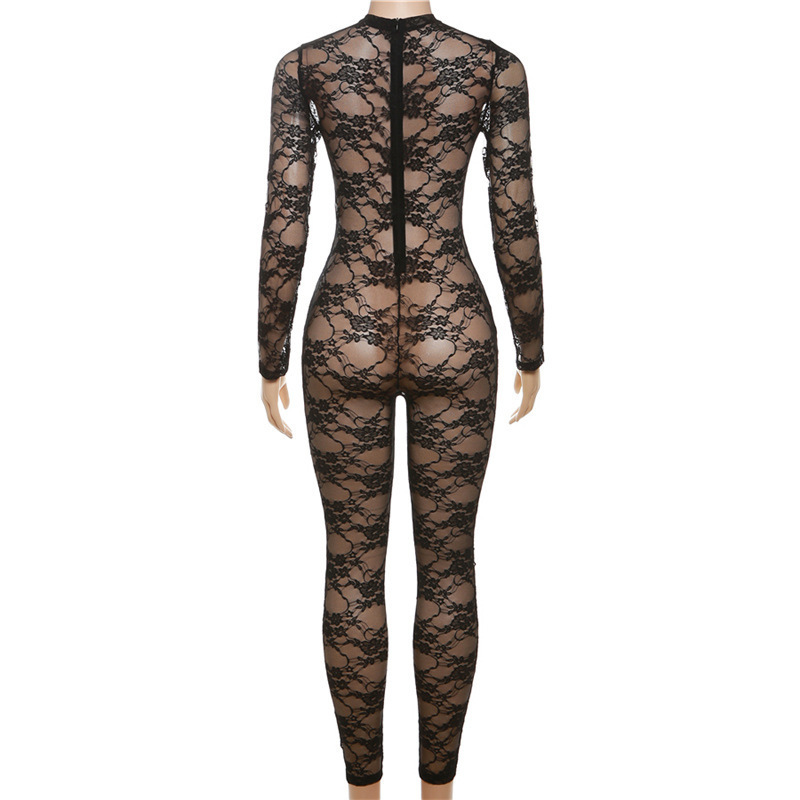 Molika High Quality Women Bodysuits Lace See Through Slim Fit Zipper Playsuits Sexy One Piece Rompers Women Mesh Jumpsuits