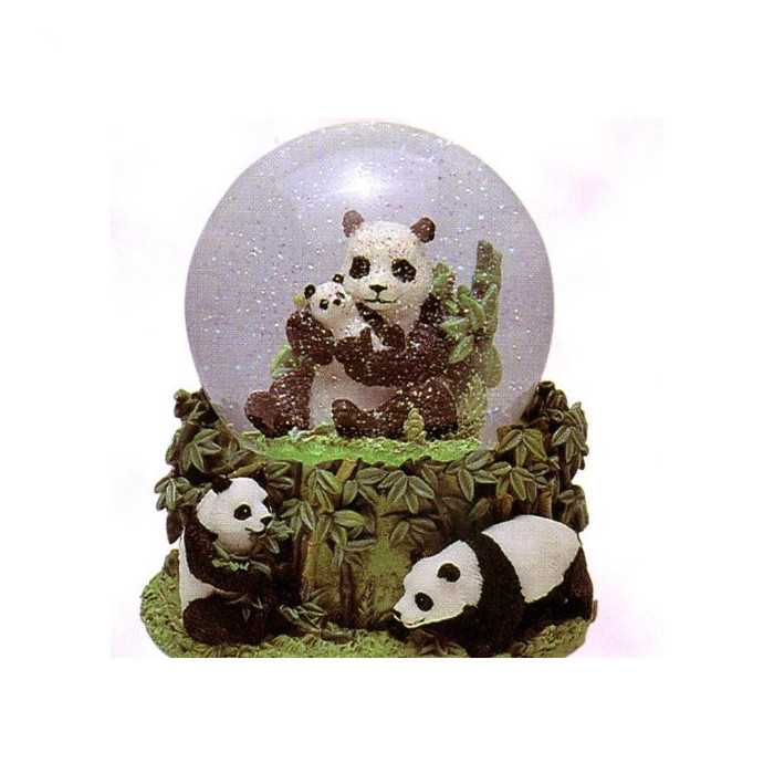 Classic Snow Globe Adult Panda with Baby Panda sitting in Water Globe Cubic Black Base